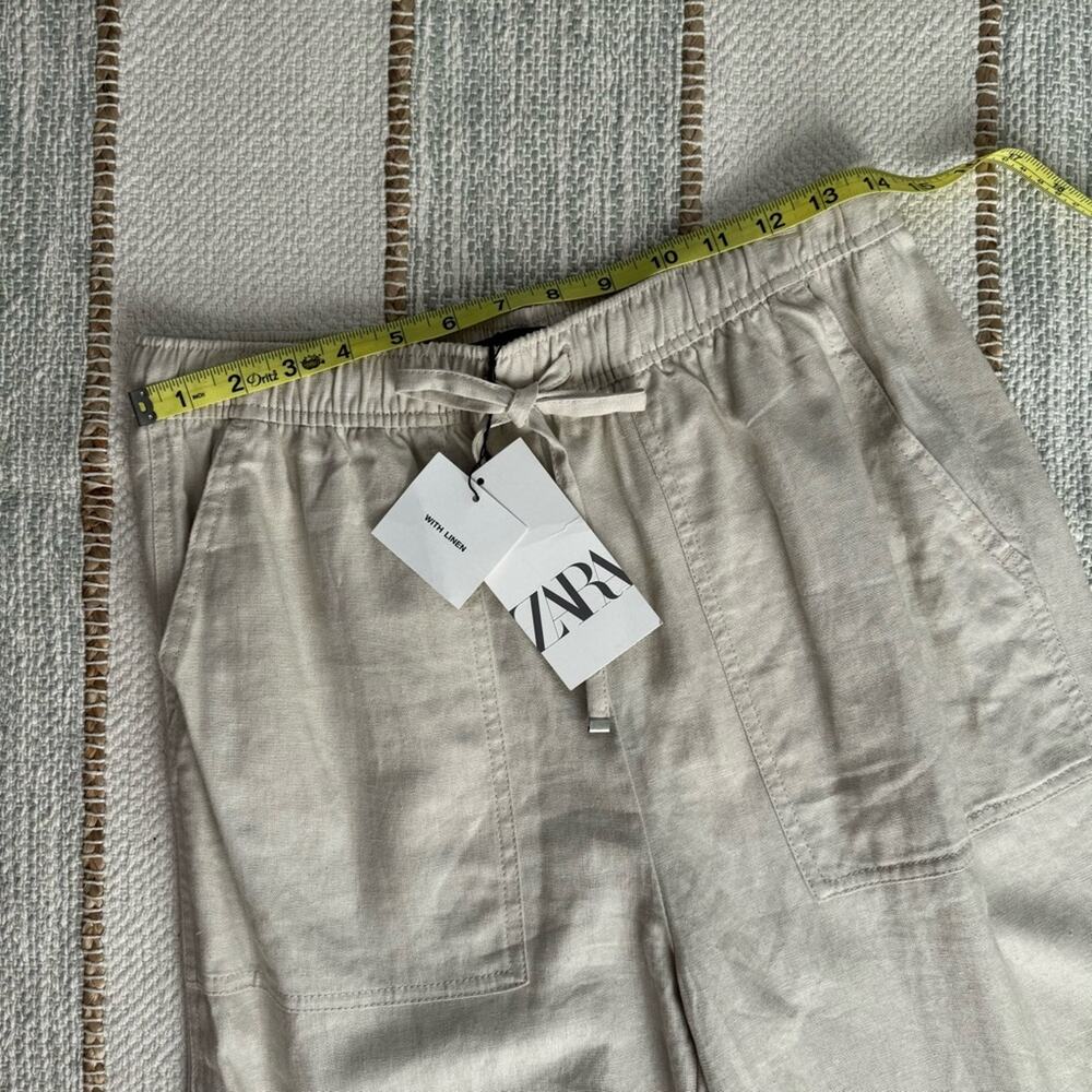 Zara Beige Oatmeal Linen Blend Tapered Leg High Rise Pants 25” Women’s Medium - Picture 7 of 12